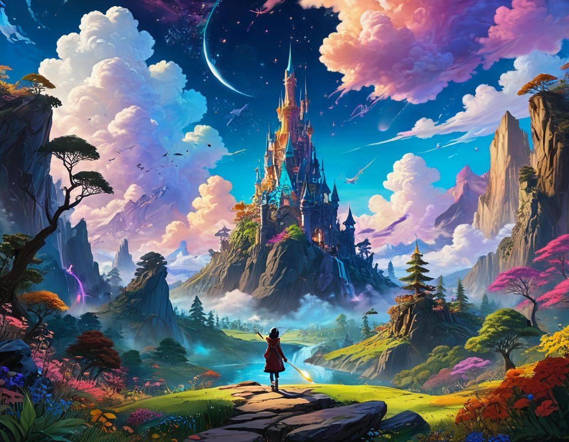 A whimsical scene featuring a vibrant collage of iconic animated characters from cult anime and beloved family films, all interacting in a fantastical landscape inspired by various animation styles. Include a mystical storyteller in the center, casting spells with an animated wand, surrounded by colorful, dream-like clouds and swirling magical elements. Capture the essence of nostalgia and wonder. vibrant colors. fantasy art. 3D.